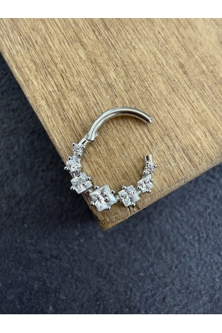316 L Cerrahi Çelik Oval Zirkon Taşlı Pırlanta Model Halka Piercing Beyaz - Siyah
