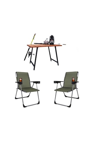 Alin Metal 2''li Lüks Bardaklı Kamp Sandalyesi Ve Masa Set Haki Haki