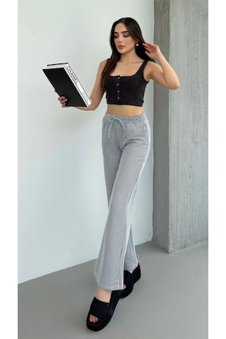 Yandan Cepli Beli Bağcıklı Su Yolu Kadın Çizgili Pantolon Siyah