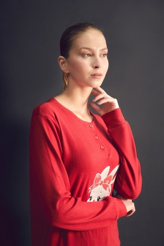 Fullamoda Tavşan Nakışlı Bisiklet Yaka 2 Li Pijama Takımı 24mıcg631216857-kırmızı Kırmızı
