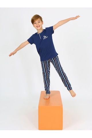 Vitmo Erkek Çocuk Kısa Kollu %100 Pamuklu Düğme Detaylı Wave Pijama Takımı İndigo