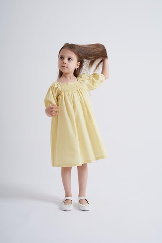 Oliventhekid Sarı Sıra Lastikli Kız Çocuk Elbise Sarı Sarı