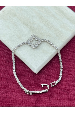 Büyük Taşlı Yaprak Detaylı Silver Bileklik Silver