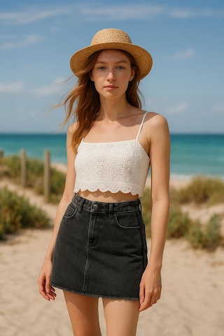 Yüksek Bel Püsküllü Mini Jean Etek Buz Mavisi