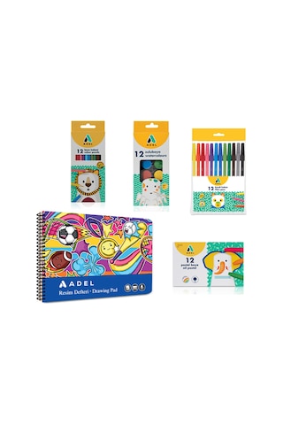 4 Lü Set,resim Defteri 25x35,kuru Boya,keçeli Kalem,pastel Boya,suluboya Karma Renk Gönderilir Çok Renkli