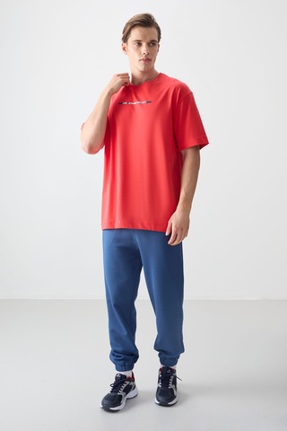 Air Jones Tommy Life Fiesta %100 Pamuk Kalın Yumuşak Dokulu Oversize Fit Baskılı Erkek T-shirt - 88358 Kirmizi