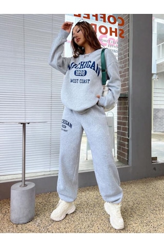 Mıchıgan Baskılı Bisiklet Yaka Gri Sweatshirt Ve Siyah Eşofman Altı Eşofman Takımı Gri