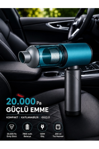 20.000 Pa Kablosuz Araç Süpürgesi 120w Güçlü Emiş 7800 Mah Şarjlı El Süpürgesi 8 Başlıklı Hepa Filtreli Mini Vakum Mavi