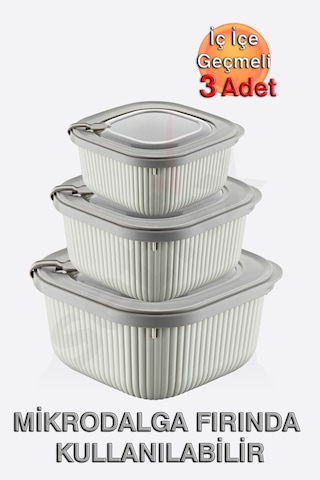 Micro Line Kare Saklama Kabı 600, 1100, 1800 Ml Üçlü Set Bej