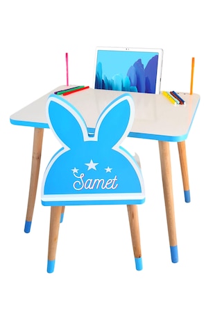 Çocuk Ders Çalışma Masa Ve Sandalye Takımı 2-6 Yaş Mavi Tavşanlı