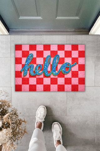 Rugmood Modern Dijital Baskı Paspas - Hello Yazılı Kırmızı Kareli Şık Kapı Önü Paspası