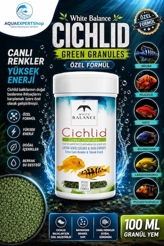 White Balance Cichlid Green Granules - Cichlid Balıkları İçin Özel Formül - Besleyici Ve Renk Canlandırıcı İçerik - 100 Ml