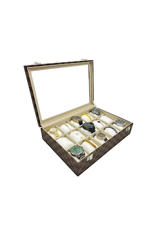 Saat Kutusu 15 Bölmeli Camlı Organizer Ekose Tasarım