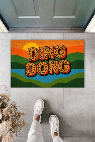 Rugmood Modern Dijital Baskı Paspas - Retro Tasarım Ding Dong Yazılı Renkli - Kapı Önü Paspası Kahverengi