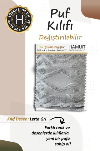 Yıkanabilir Puf Tabure Kılıfı Tak-Çıkar-Değiştir-Yenile Orta Sehpa Kılıfı By Letta Gri