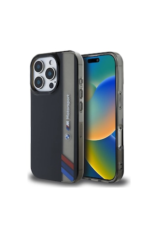İphone 16 Pro Uyumlu Kılıf Bmw Lisanslı M Logolu Üç Renk Çizgili Motorsport Vertical Stripe Siyah Siyah
