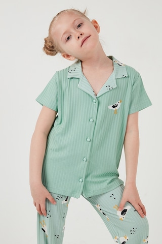 Lela Baskılı Beli Lastikli Gömlek Yaka Kısa Kollu Kız Çocuk Pijama Takımı 6576001 Mint