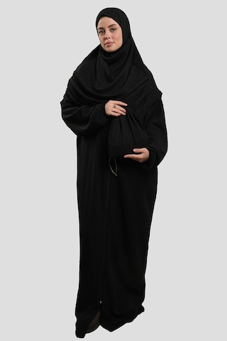 Hürrem Bone Siyah İki Parça Fermuarlı Namaz Elbisesi Dokuma Kendinden Desenli 2516 01