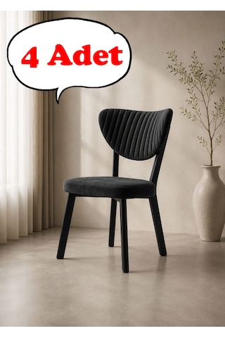 Teknor 4 Adet Elma Sandalye Modern Kadife Kapitone Sırtlı Mutfak Yemek Odası Balkon Kafe Sandalyesi 85 Cm Siyah