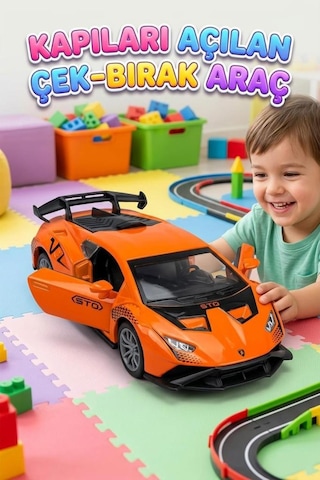 Çek-bırak Mekanizmalı 12cm Süper Sport Model Kapıları Açılabilir Metal Oyuncak Yarış Arabası Turuncu