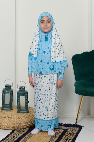Çocuk Namaz Takımı Pratik İki Parça Desenli Kollu Tak Çıkar Başörtülü Likralı Tesettür Elbise 6-12 Yaş 901-0301 Çok Renkli