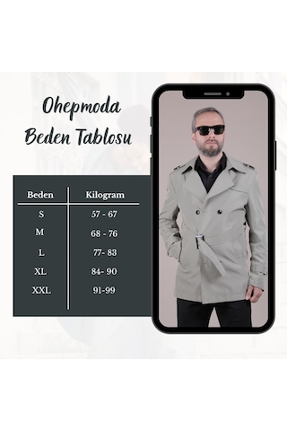 Ohepmoda Slim Fit Kemerli Erkek Trençkot Su Yeşili