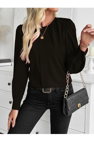 Kadın Uzun Kollu Bisiklet Yaka Pileli Ithal Krep Bluz Siyah