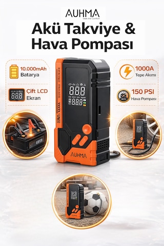 Auhma Akü Takviye Cihazı -Powerbank Özellikli Çantalı Akü Takviyeli Oto Hava Kompresör