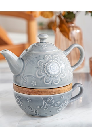 English Home Floral Poem Stoneware Demlik Seti 350 Ml + 250 Ml Gri