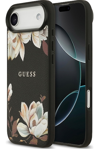 Apple Uyumlu iPhone 17 Air Kılıf Guess Lisanslı M-safeli Taneli Çiçek Tasarımlı Metal Yazı Logolu Siyah Siyah