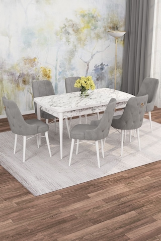 Mona Beyaz Mermer 80x132 Açılabilir Mdf Masa Yemek Odası Takımı, Mutfak Takımı 6 Adet Sandalye Beyaz Mermer - 6 Gri - Beyaz Ayak