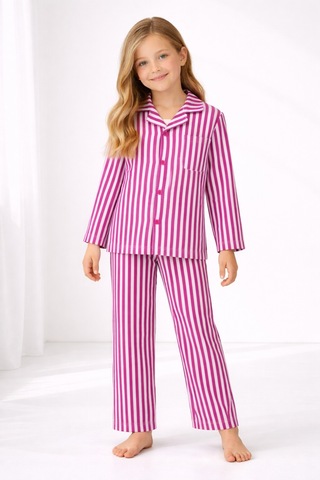 Free Beka Çocuk Önden Düğmeli Pijama Çizgili %100 Pamuklu İnterlok Kumaş Fuja