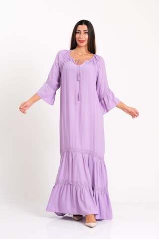Keyifli Moda Kadın Lila Carmen Yaka Fırfırlı Kol Etekleri Fistolu Oversize Uzun Elbise - Lila
