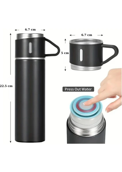 500 Ml Termos Fincan Seti Siyah Paslanmaz Çelik Malzeme