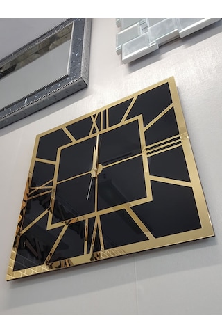Ayna Denizi Golden Quare Black Model Altın Siyah Renk 60 CM x 60 CM Dekoratif Aynalı Duvar Saati Siyah