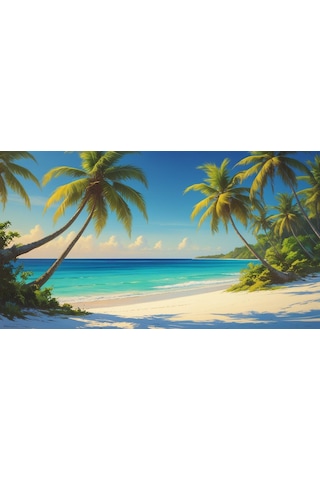 Doğa Ve Manzara Yatay Palmiye Ağaçları Turkuaz Deniz Kum Ve Huzurlu Berrak Gökyüzü 04 Çerçevesiz 90x60cm Pvc Tablo