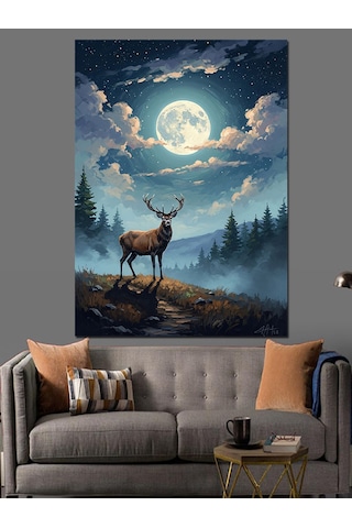 Ahşap Tablo Gece Manzaralı Karlı Orman Ve Geyik