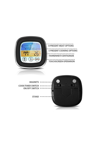 Padalink Siyah Dokunmatik Ekranlı Gıda Termometresi, 8 Et Türü Seçeneği, Zamanlayıcı Ve Alarm Özelliği, Çelik Prob, -10 C 250 C Aralığı, Sn124c Modeli Pil Yok Çok Renkli