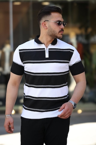 Erkek Yakalı Fermuarlı Çift Renk Kısa Kollu T-shirt Siyah