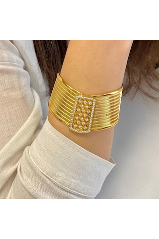 22 Altın Altın Kaplama Taşlı 9 Sıra Trabzon Kelepçe Bilezik Altın