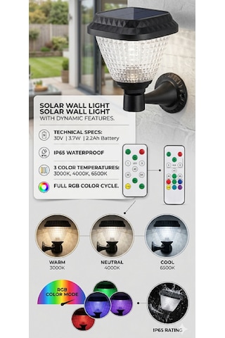 Kumandalı Rgb Solar Duvar Lambası Dış Mekan 30 W Su Geçirmez