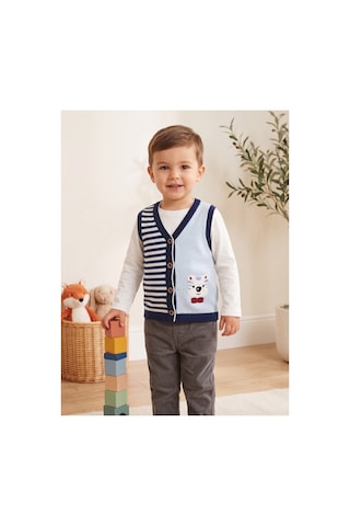Deniva Kids Unisex Bebek & Çocuk Çizgili Ayıcık Nakışlı Düğmeli Triko Yelek Süveter Beyaz