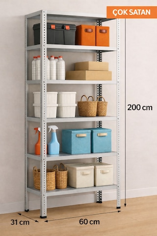 6 Katlı Elektrostatik Toz Boya Çelik Raf - Depo, Arşiv,dosya, Market Rafı 31x60 Cm-200cm Elektrostatik Gri