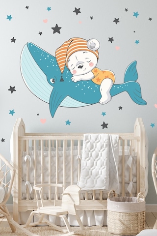 MSticker Balinada Uyuyan Ayıcık Ve Yıldızlar Çocuk Bebek Odası Sticker Seti