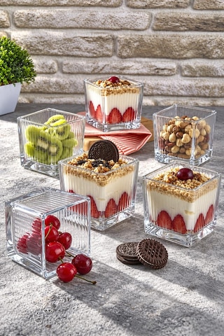 6' Lı Magnolia Cup Kase Cam Magnolya Puding Tatlı Dondurma Kasesi Sunum Seti Düz Çizgi Desenli