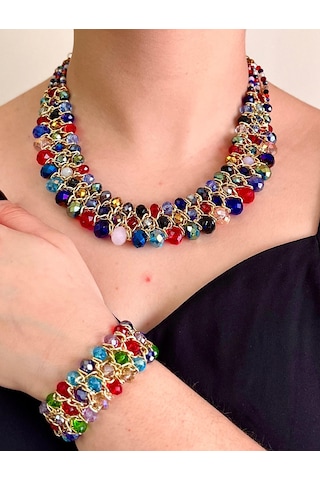 Çok Renkli Kristal Taşlı Türk El Yapımı Gerdanlık Kolyeve Bilezik Çok Renkli