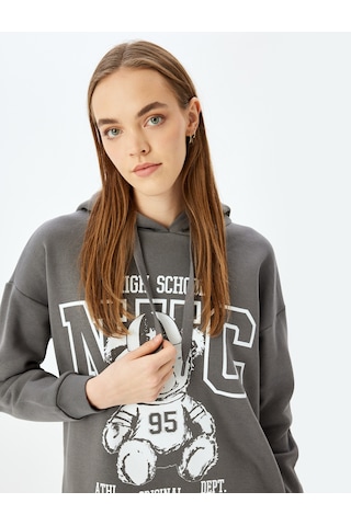 Koton Kolej Baskılı Kapüşonlu Uzun Kollu Sweatshirt Antrasit 5wal10842ık Antrasit