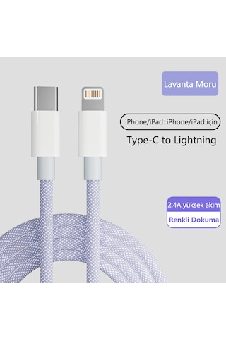 20w Type c Lightning Hızlı Şarj Kablosu Kalın Dokuma Apple iPhone 13 12 11 x Uyumlu Akıllı Çipli 1m Mor