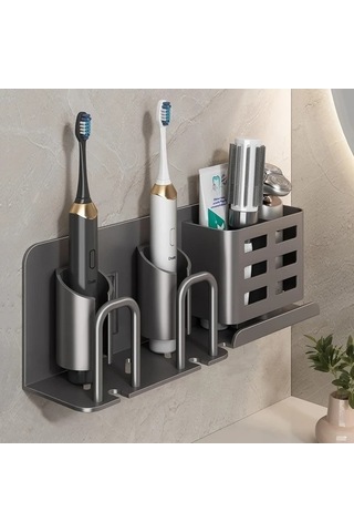 Fastbuy Challenger Duvara Elektrikli Diş Fırçası Tutucu Koyu Gri 2 Kart Yuvası Bardaksız Tasarım Koyu Gri Koyu Gri