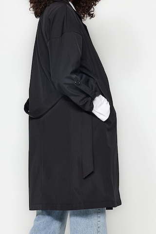 Ersefa Tasarım Düz Astarlı Yaka Midi Oversize Ceket Kadın Oversize Kuşak Siyah